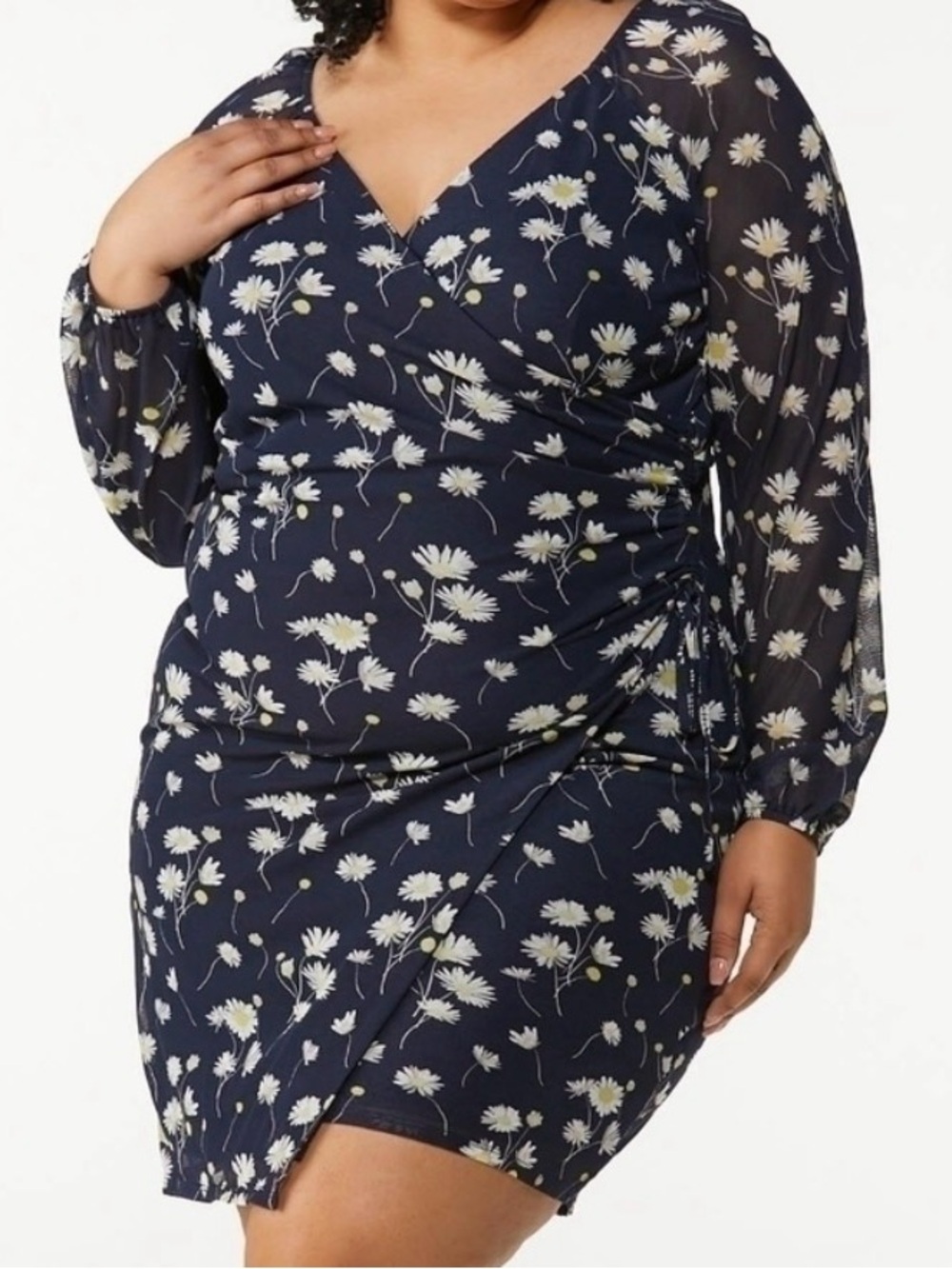 Cato Navy Daisy Print Faux Wrap Dress V Neck Sheer Sleeves Office Career 26/28